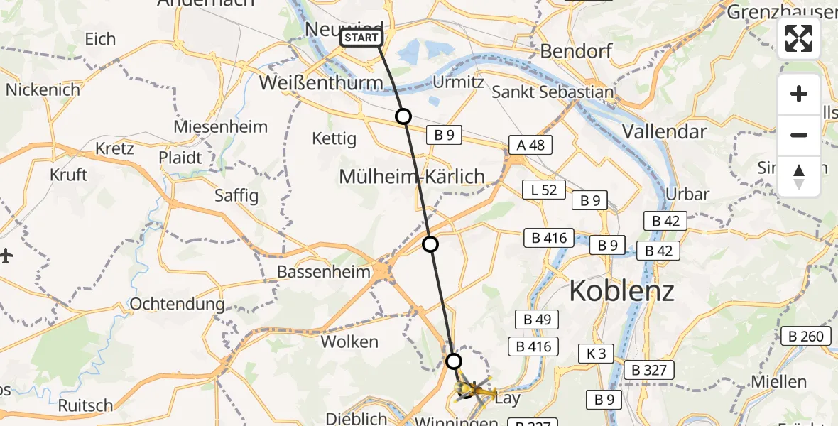 Flugroute Ambulanzhubschrauber Neuwied - Koblenz-Winningen Flugplatz, 16 April 2026, 14:25
