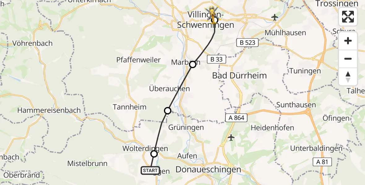 Flugroute Rettungshubschrauber Bräunlingen - DRF Air Rescue Station Villingen-Schwenningen Hubschrauberlandeplatz (Christoph 11), 16 April 2026, 14:27