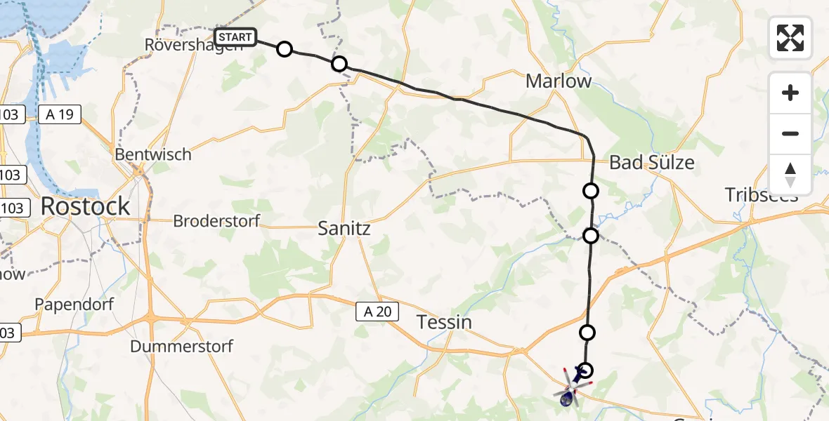 Routekaart van de vlucht: Polizeihubschrauber nach Walkendorf, Duckwitz