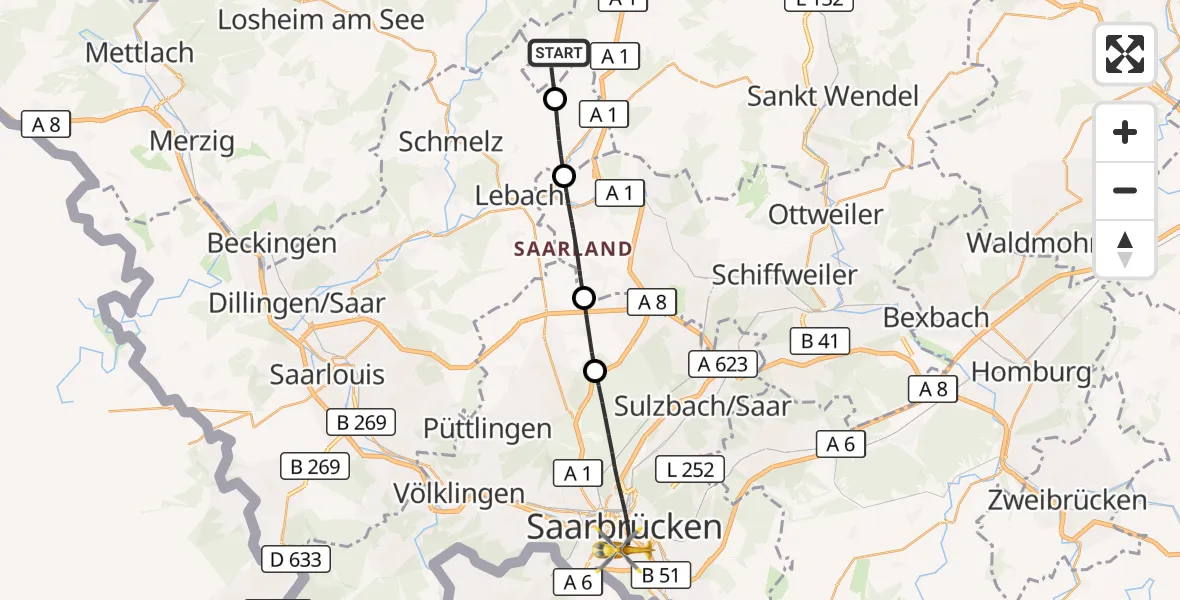 Flugroute Rettungshubschrauber Tholey - Saarbrücken, 16 April 2026, 14:31