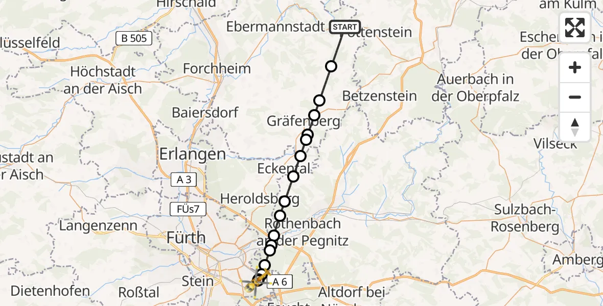 Flugroute Rettungshubschrauber Gößweinstein - Nürnberg South Hospital, 16 April 2026, 14:44