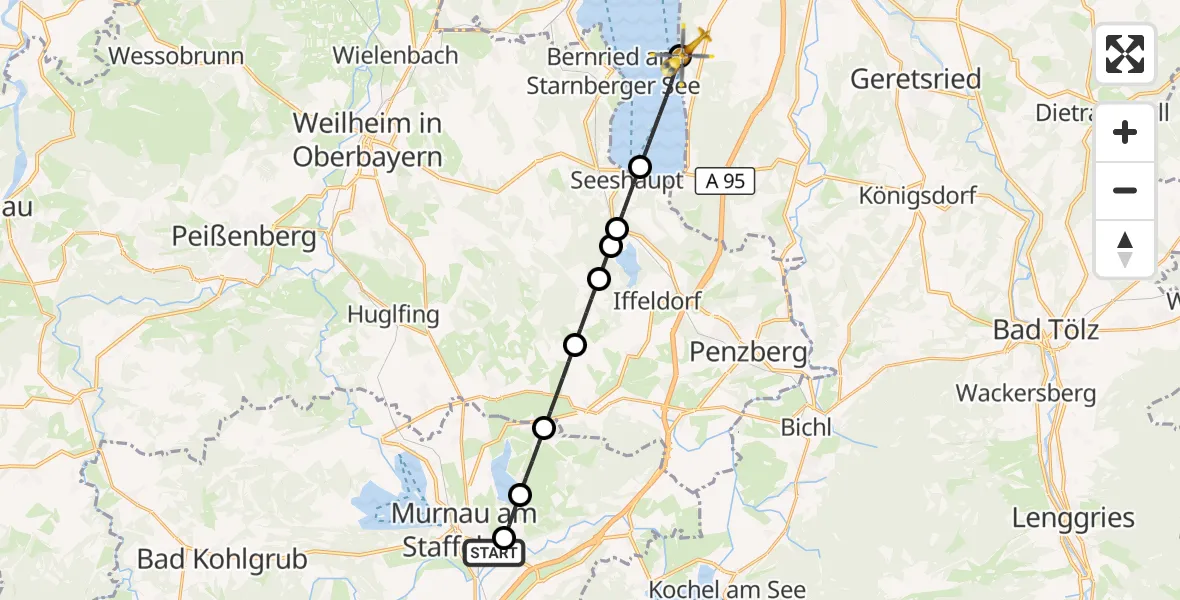 Flugroute Rettungshubschrauber Murnau Accident Hospital - Münsing, 16 April 2026, 14:54
