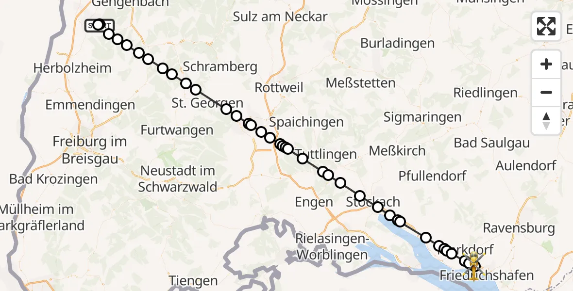 Flugroute Rettungshubschrauber Lahr/Schwarzwald - Friedrichshafen Hospital, 16 April 2026, 14:55