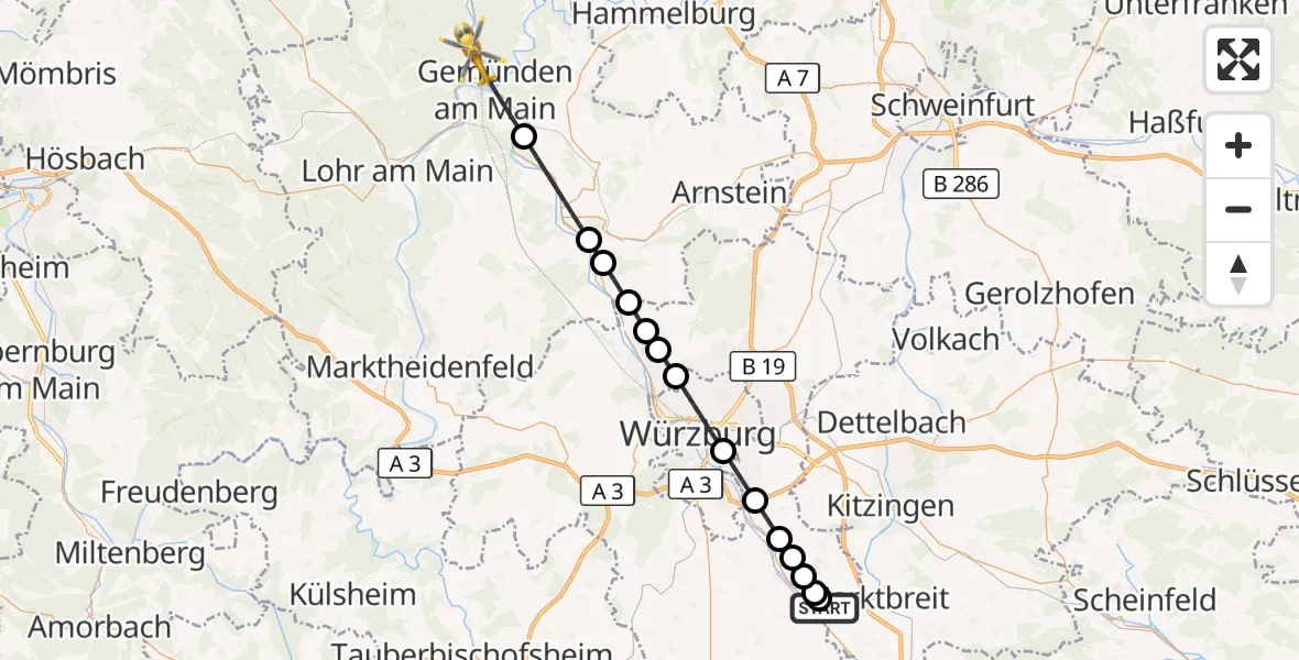 Flugroute Rettungshubschrauber Ochsenfurt Hospital - Gemünden a.Main, 16 April 2026, 14:56