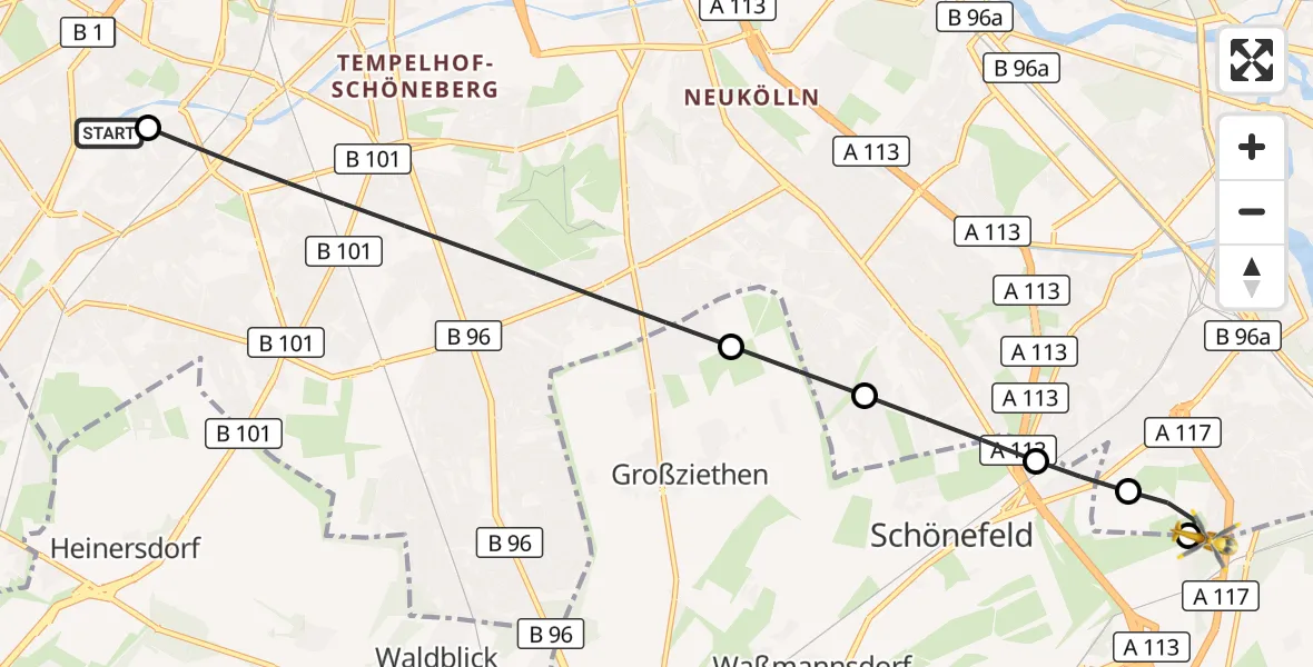Flugroute Rettungshubschrauber Charité Clinic Benjamin Franklin Campus - Schönefeld, 16 April 2026, 14:57