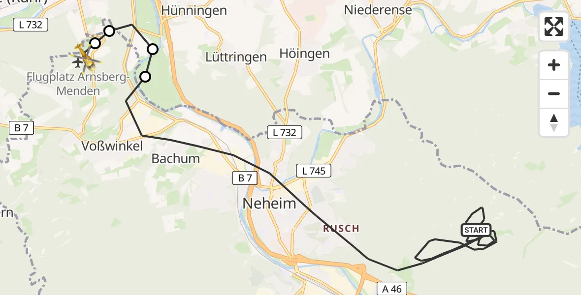 Flugroute Ambulanzhubschrauber Arnsberg - Arnsberg-Menden Flugplatz, 16 April 2026, 15:00