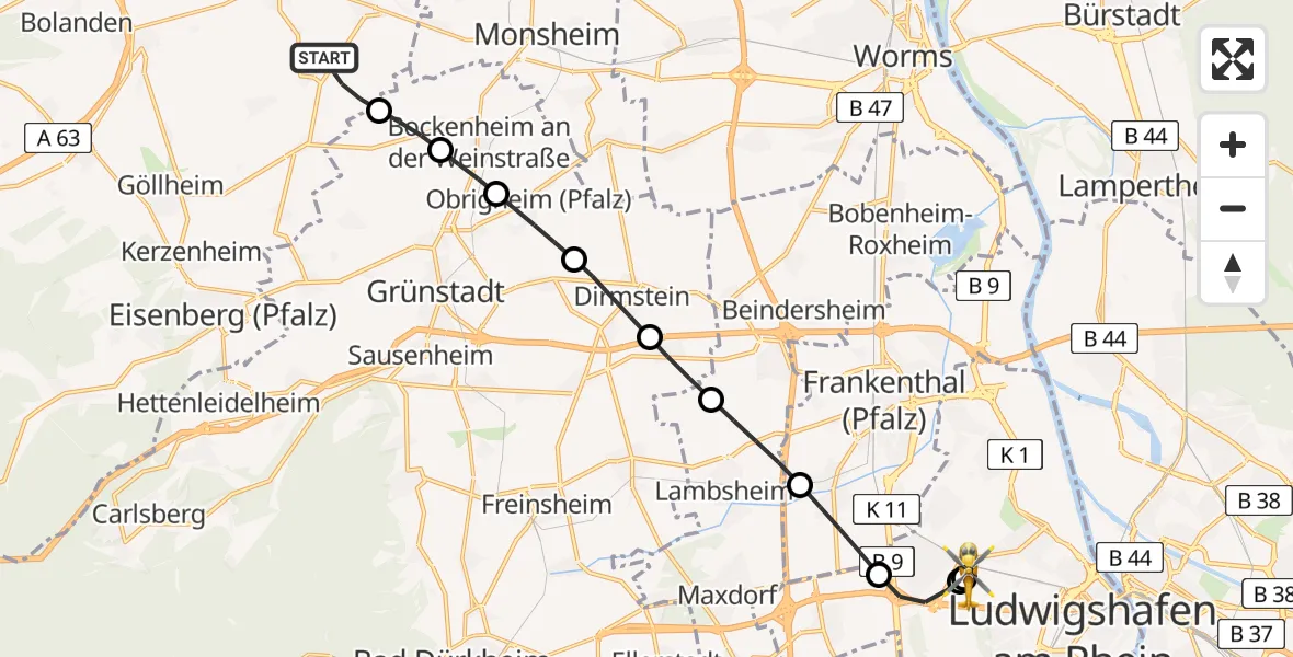 Flugroute Rettungshubschrauber Bubenheim - Ludwigshafen Accident Hospital, 16 April 2026, 15:01
