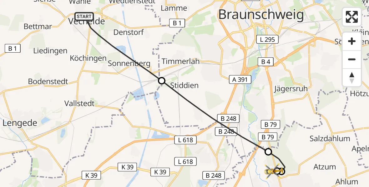 Flugroute Rettungshubschrauber Vechelde - Wolfenbüttel Municipal Hospital Heliport (Christoph 30), 16 April 2026, 15:06