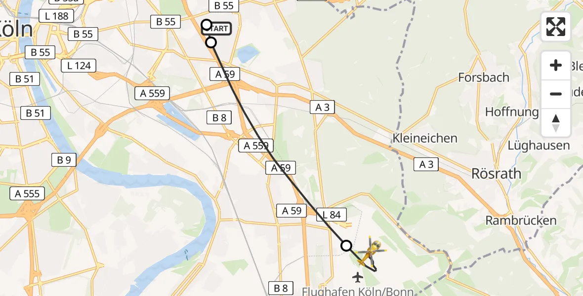 Flugroute Rettungshubschrauber Merheim Hospital - Köln Bonn Flughafen, 16 April 2026, 15:10
