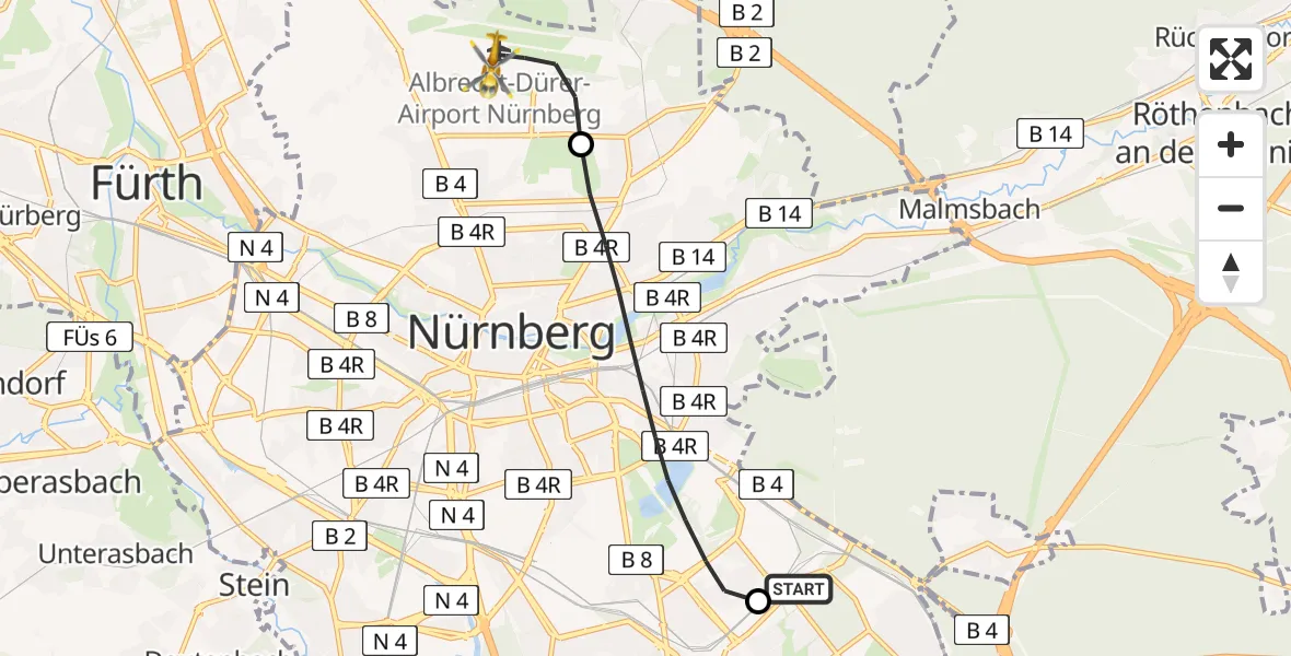 Flugroute Rettungshubschrauber Nürnberg South Hospital - Flughafen Nuremberg, 16 April 2026, 15:26
