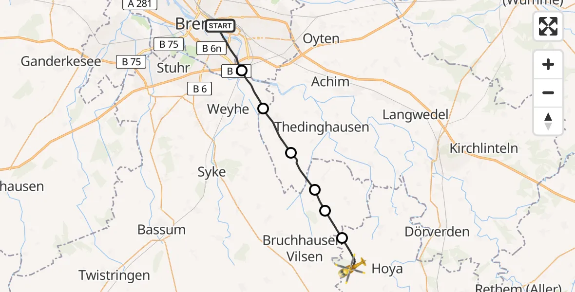 Flugroute Rettungshubschrauber Bremen - Hoyerhagen, 16 April 2026, 15:27