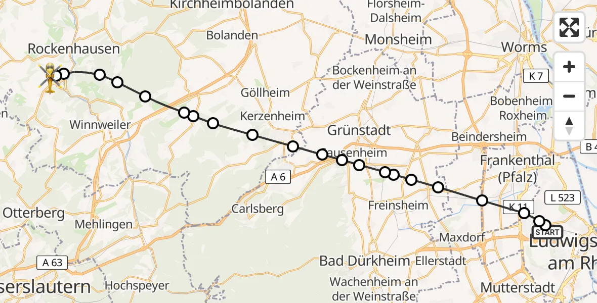 Flugroute Rettungshubschrauber Ludwigshafen Accident Hospital - Imsweiler UL, 16 April 2026, 15:39