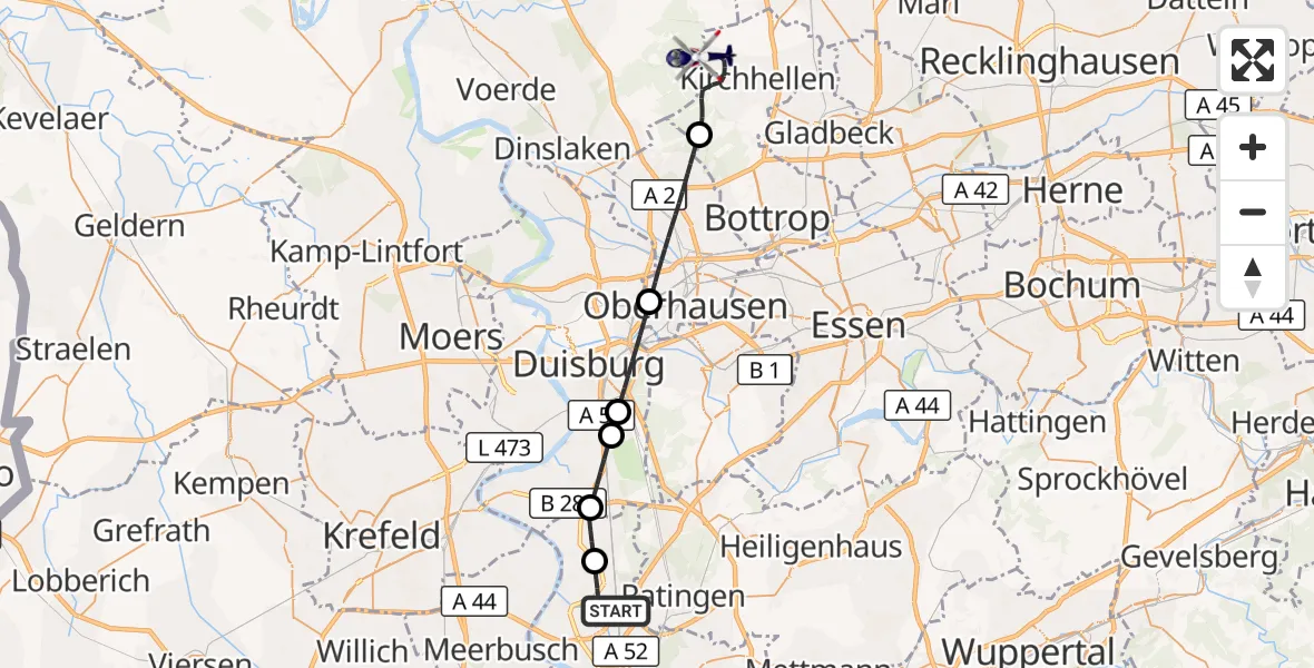 Flugroute Polizeihubschrauber Düsseldorf Flughafen - Dinslaken-Schwarze Heide Flugplatz, 16 April 2026, 15:45