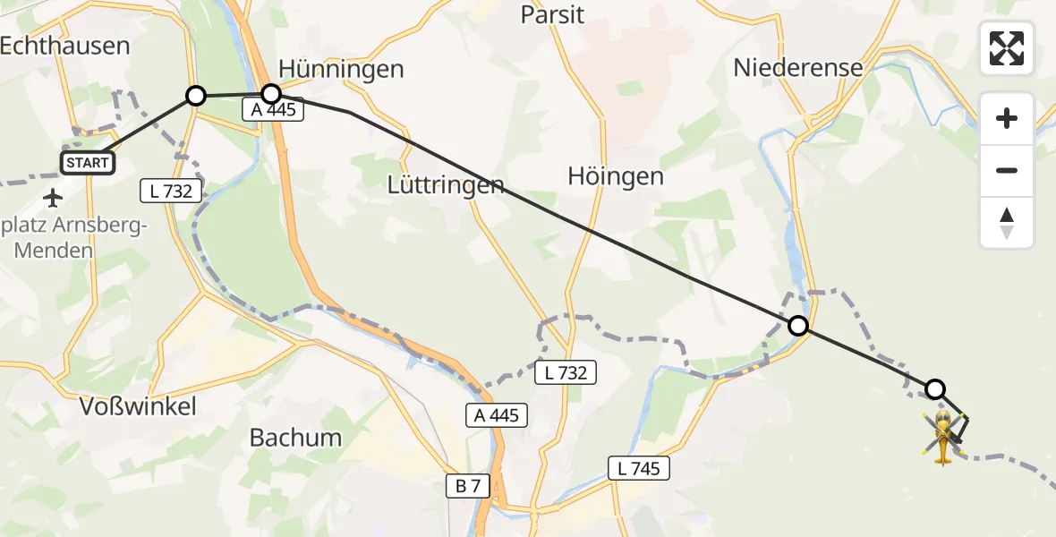 Flugroute Ambulanzhubschrauber Arnsberg-Menden Flugplatz - Arnsberg, 16 April 2026, 15:47