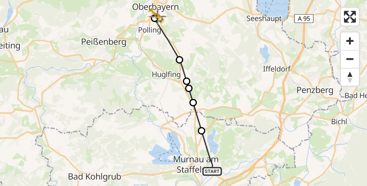Flugroute Rettungshubschrauber Murnau a.Staffelsee - Weilheim Rettungshubschrauberlandeplatz, 16 April 2026, 16:15
