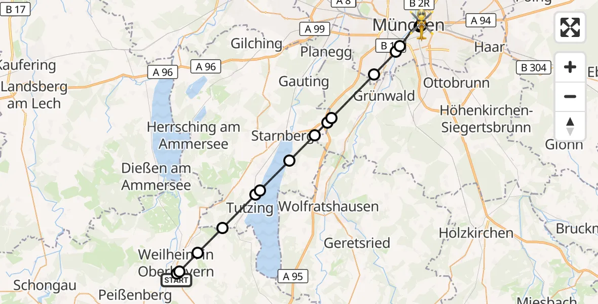 Flugroute Rettungshubschrauber Polling - Rechts der Isar University Hospital, 16 April 2026, 16:25