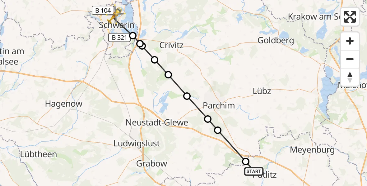 Flugroute Rettungshubschrauber Putlitz - Schwerin, 16 April 2026, 16:34