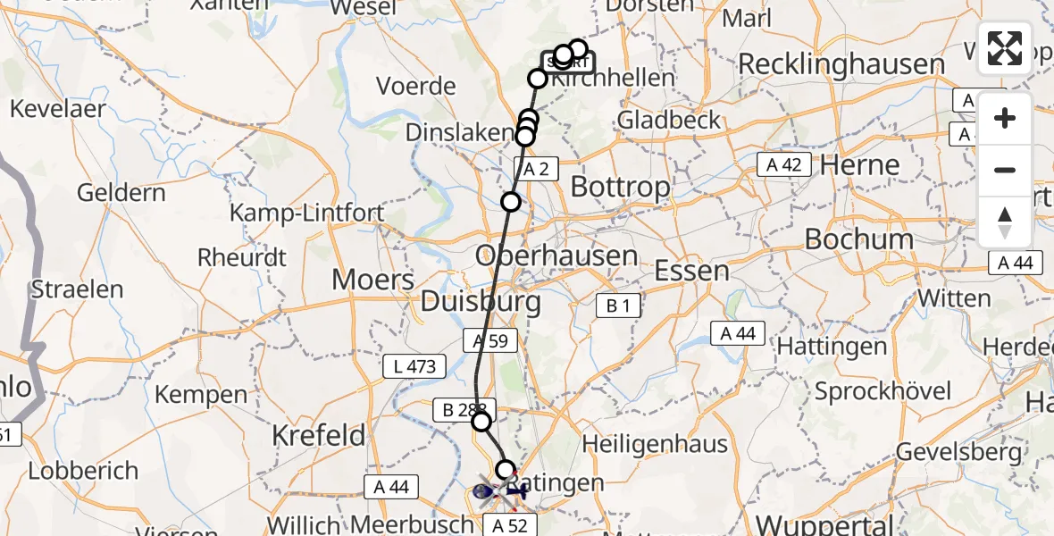 Flugroute Polizeihubschrauber Dinslaken-Schwarze Heide Flugplatz - Düsseldorf Flughafen, 16 April 2026, 16:38