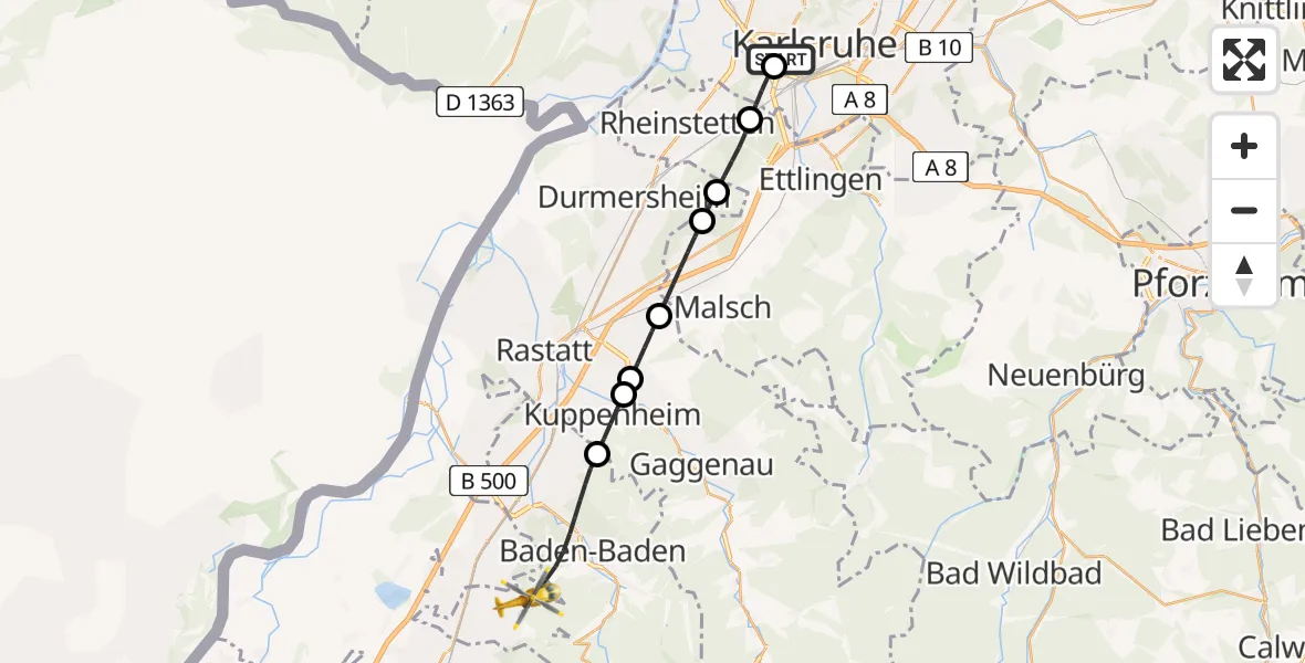 Flugroute Rettungshubschrauber Sankt Vincentius Hospital - Baden-Baden, 16 April 2026, 17:05