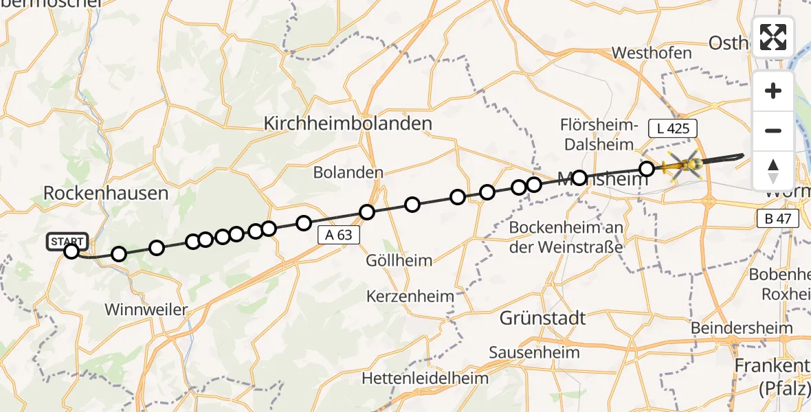 Flugroute Rettungshubschrauber Imsweiler UL - Worms, 16 April 2026, 17:08
