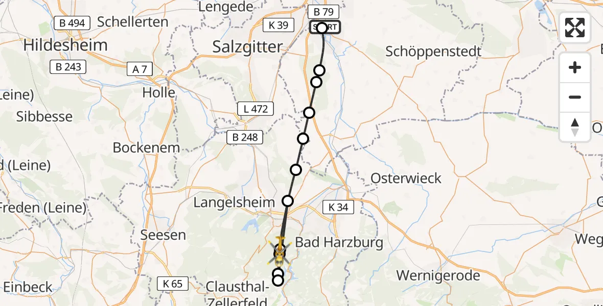 Flugroute Rettungshubschrauber Wolfenbüttel Municipal Hospital Heliport (Christoph 30) - Harz (Landkreis Goslar), 16 April 2026, 17:09