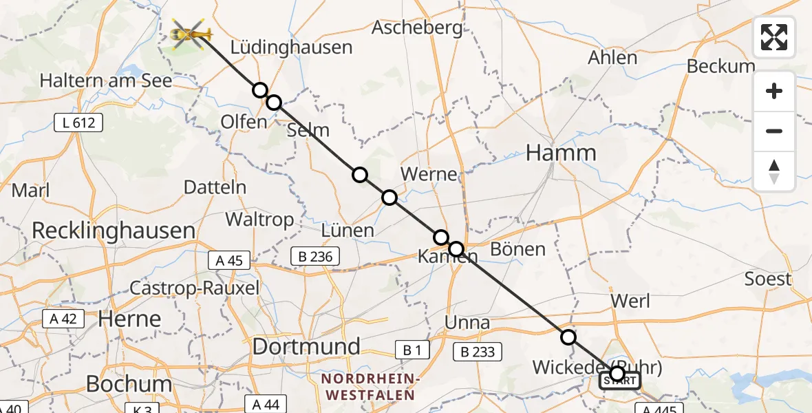 Flugroute Ambulanzhubschrauber Arnsberg-Menden Flugplatz - Lüdinghausen, 16 April 2026, 17:17