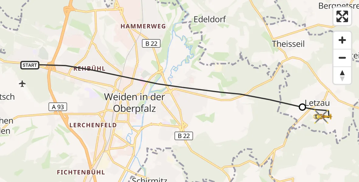 Flugroute Rettungshubschrauber Weiden i.d.OPf. - Theisseil, 16 April 2026, 17:24