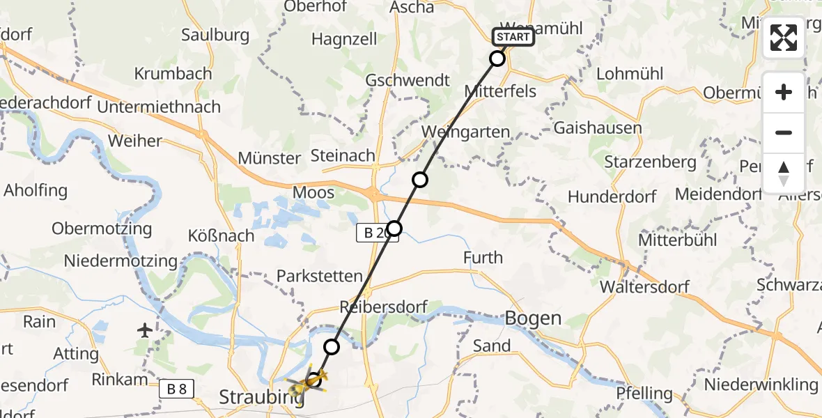 Flugroute Rettungshubschrauber Haselbach - Sankt Elisabeth Hospital Straubing, 16 April 2026, 17:39