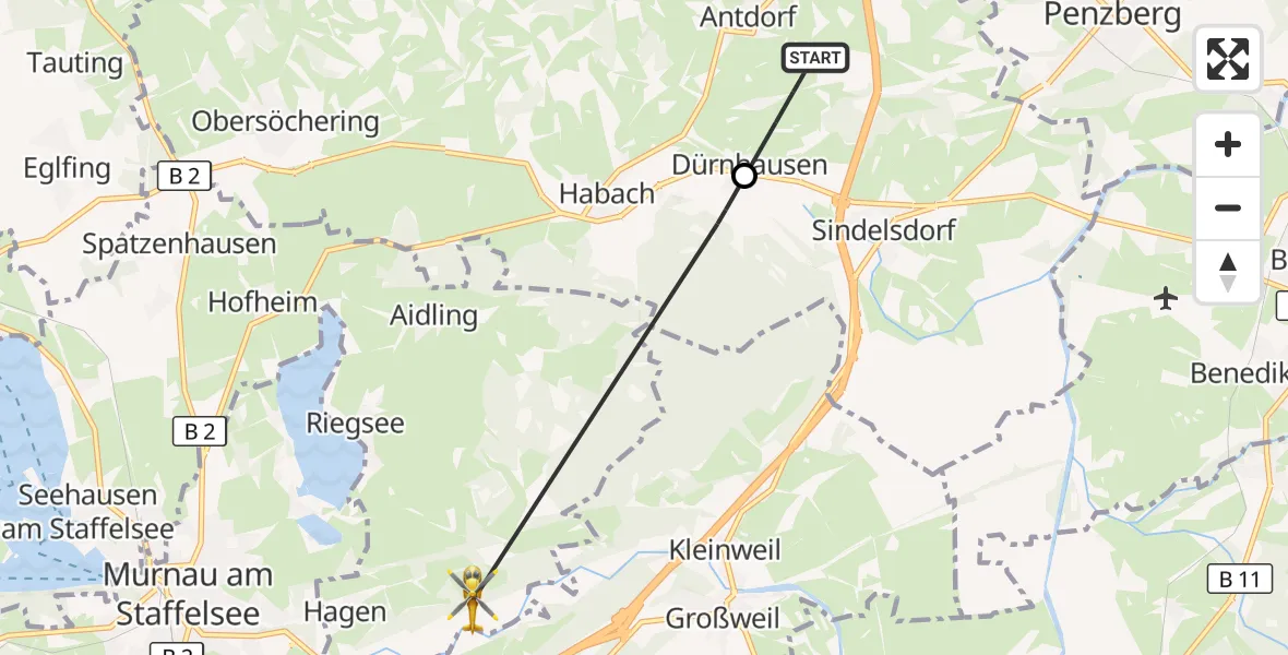 Flugroute Rettungshubschrauber Antdorf - Riegsee, 16 April 2026, 17:45