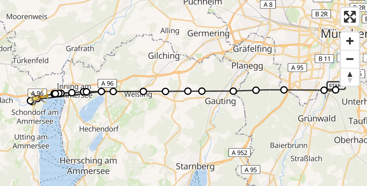 Flugroute Rettungshubschrauber ADAC Air Rescue Center Hubschrauberlandeplatz (Christoph 1) - Eching am Ammersee, 16 April 2026, 17:54