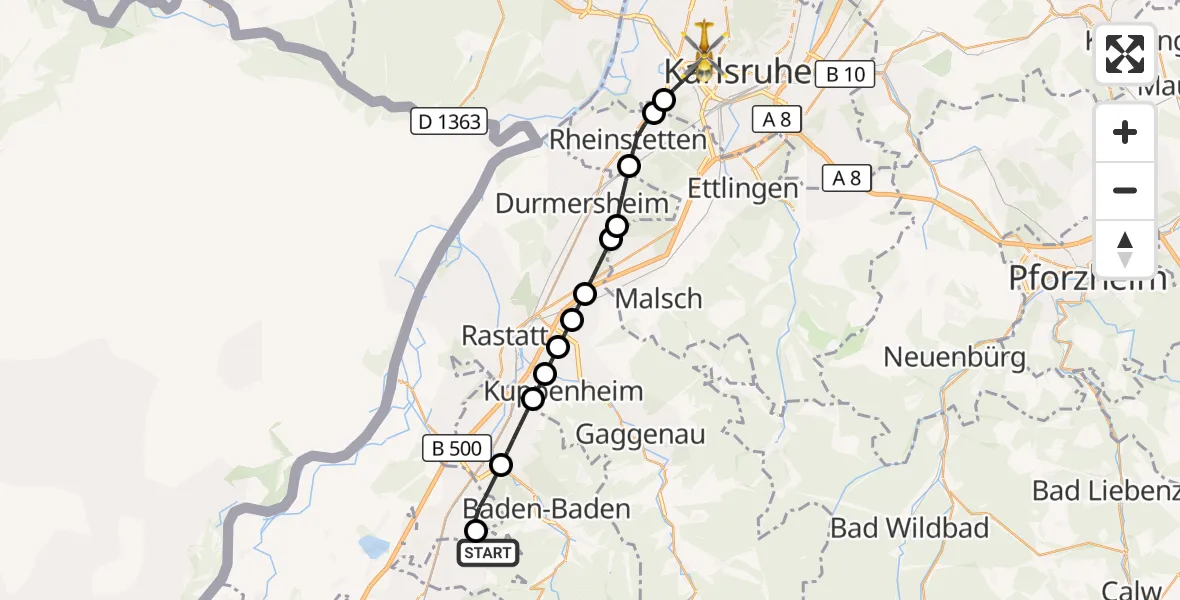 Flugroute Rettungshubschrauber Baden-Baden - Karlsruhe, 16 April 2026, 17:55