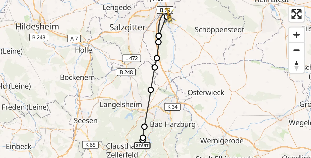 Flugroute Rettungshubschrauber Harz (Landkreis Goslar) - Wolfenbüttel, 16 April 2026, 17:57