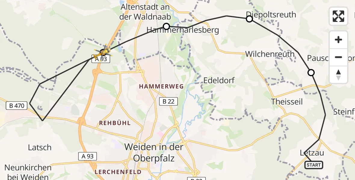 Flugroute Rettungshubschrauber Theisseil - Weiden i.d.OPf., 16 April 2026, 17:58