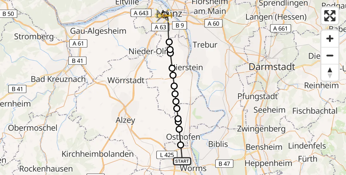Flugroute Rettungshubschrauber Worms - Mainz University Hospital, 16 April 2026, 18:01