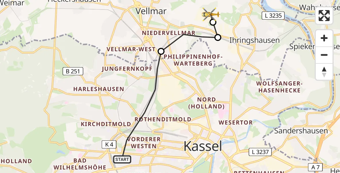 Flugroute Rettungshubschrauber Kassel - Fuldatal Bundespolizei Hubschrauberlandeplatz, 16 April 2026, 18:22