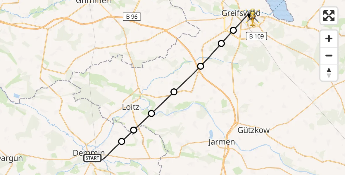 Flugroute Rettungshubschrauber Demmin - Greifswald Hospital, 16 April 2026, 18:23