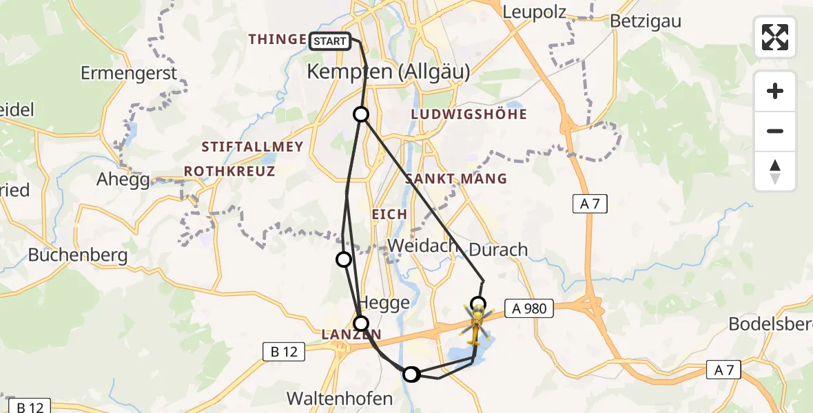 Flugroute Rettungshubschrauber Kempten (Allgäu) - Sulzberg, 16 April 2026, 18:54