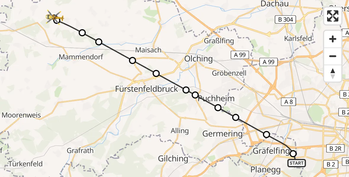 Flugroute Rettungshubschrauber DRF Air Rescue München Hubschrauberlandeplatz - Mittelstetten, 16 April 2026, 18:57