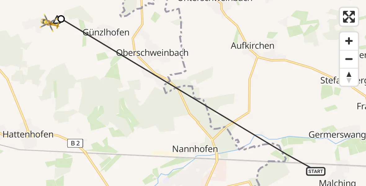 Flugroute Rettungshubschrauber Maisach - Mittelstetten, 16 April 2026, 19:09