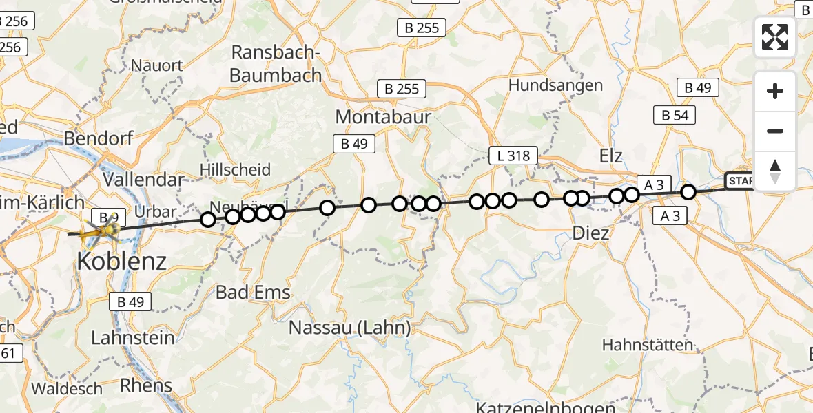 Flugroute Rettungshubschrauber Runkel - Koblenz, 16 April 2026, 19:13