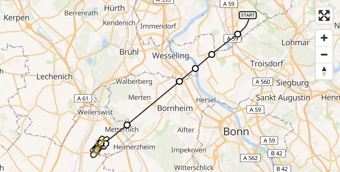 Flugroute Ambulanzhubschrauber Köln Bonn Flughafen - Weilerswist UL, 16 April 2026, 19:20