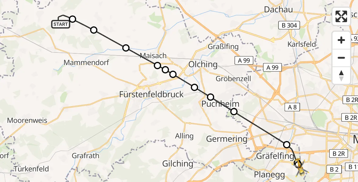 Flugroute Rettungshubschrauber Mittelstetten - DRF Air Rescue München Hubschrauberlandeplatz, 16 April 2026, 19:37