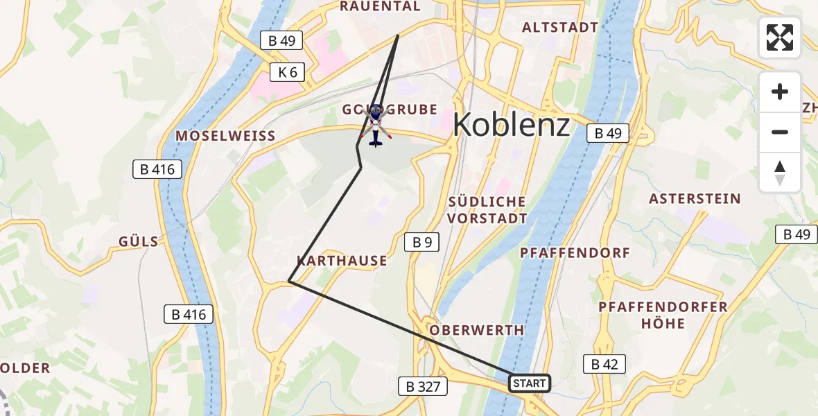 Flugroute Polizeihubschrauber Koblenz - Koblenz, 16 April 2026, 19:46