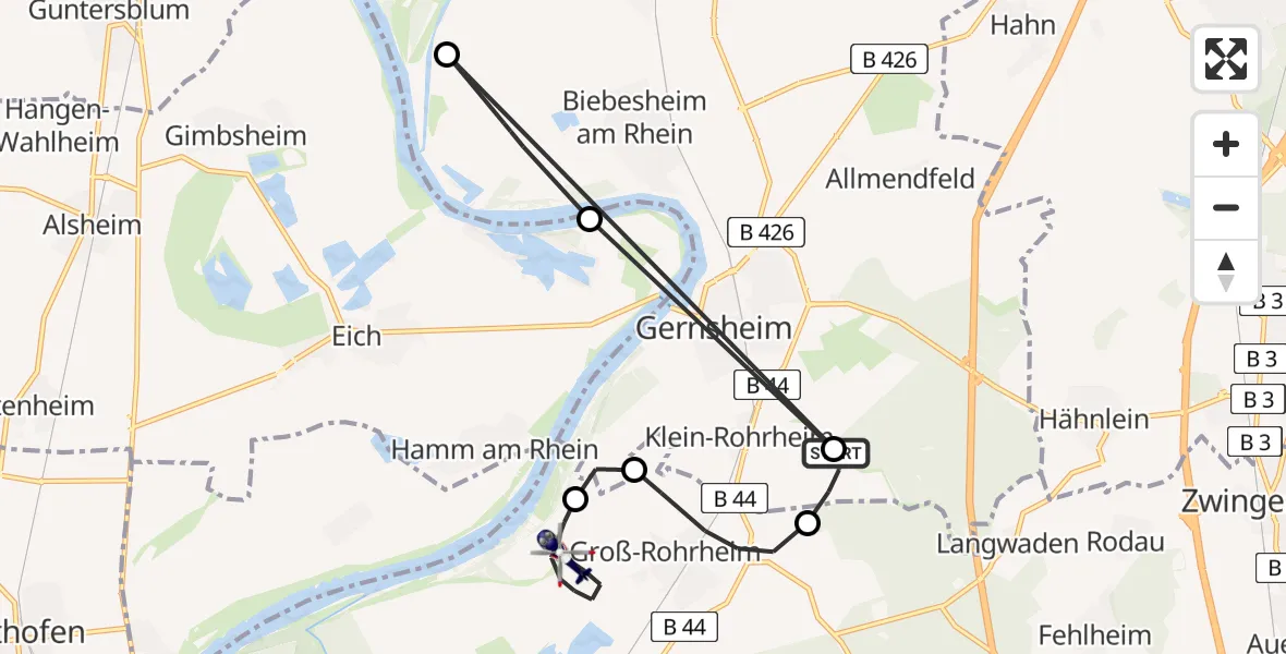 Flugroute Polizeihubschrauber Gernsheim - Groß-Rohrheim, 16 April 2026, 20:27
