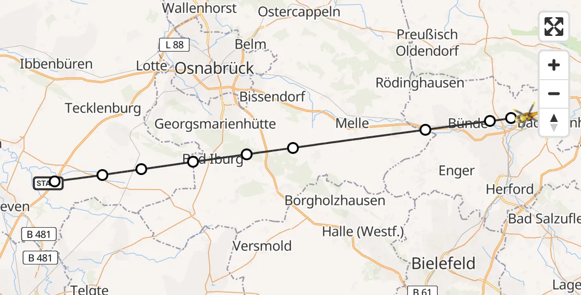 Flugroute Ambulanzhubschrauber Greven - Löhne, 16 April 2026, 20:34