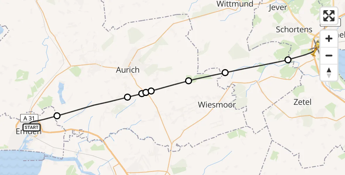 Flugroute Rettungshubschrauber Emden - Sande, 16 April 2026, 20:39
