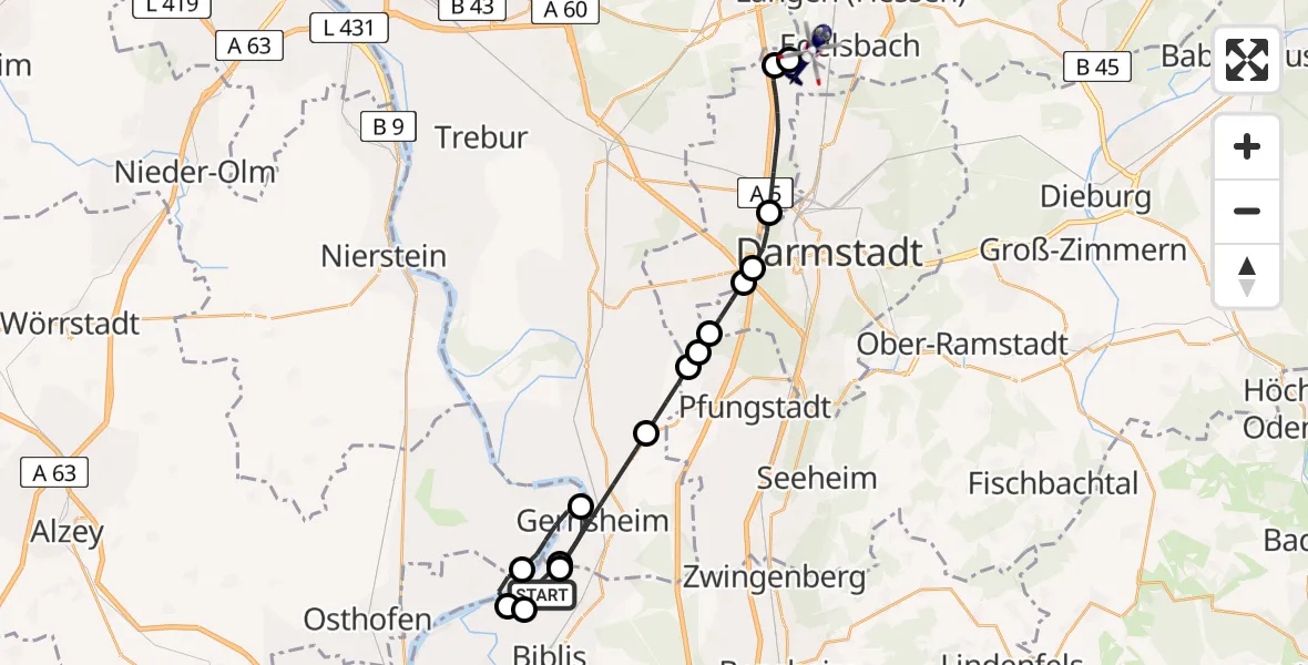 Flugroute Polizeihubschrauber Groß-Rohrheim - Flughafen Frankfurt-Egelsbach, 16 April 2026, 20:45