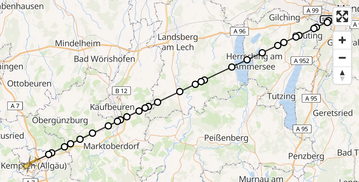 Flugroute Rettungshubschrauber DRF Air Rescue München Hubschrauberlandeplatz - Kempten (Allgäu), 16 April 2026, 21:40