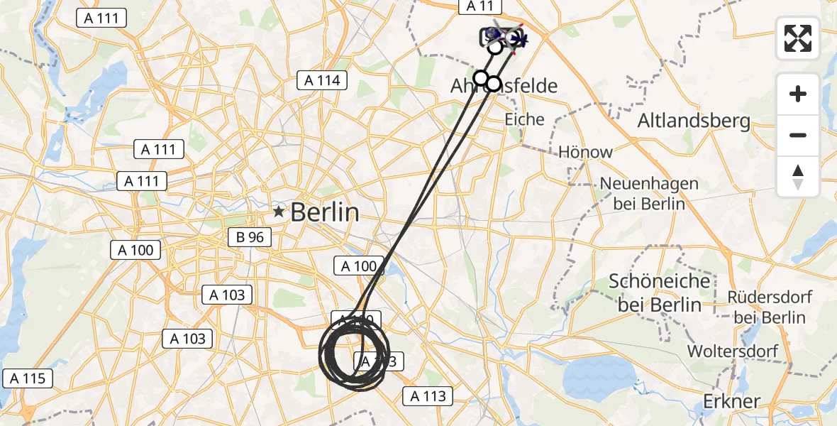 Flugroute Polizeihubschrauber Ahrensfelde Hubschrauberlandeplatz - Ahrensfelde Hubschrauberlandeplatz, 16 April 2026, 22:16