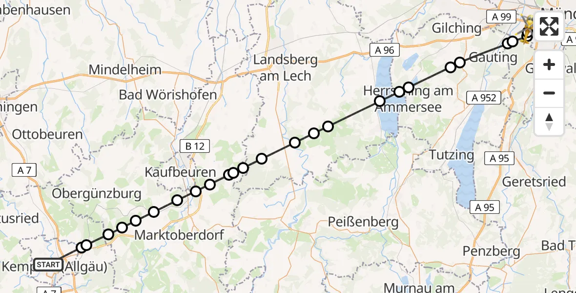 Flugroute Rettungshubschrauber Kempten (Allgäu) - DRF Air Rescue München Hubschrauberlandeplatz, 16 April 2026, 22:32